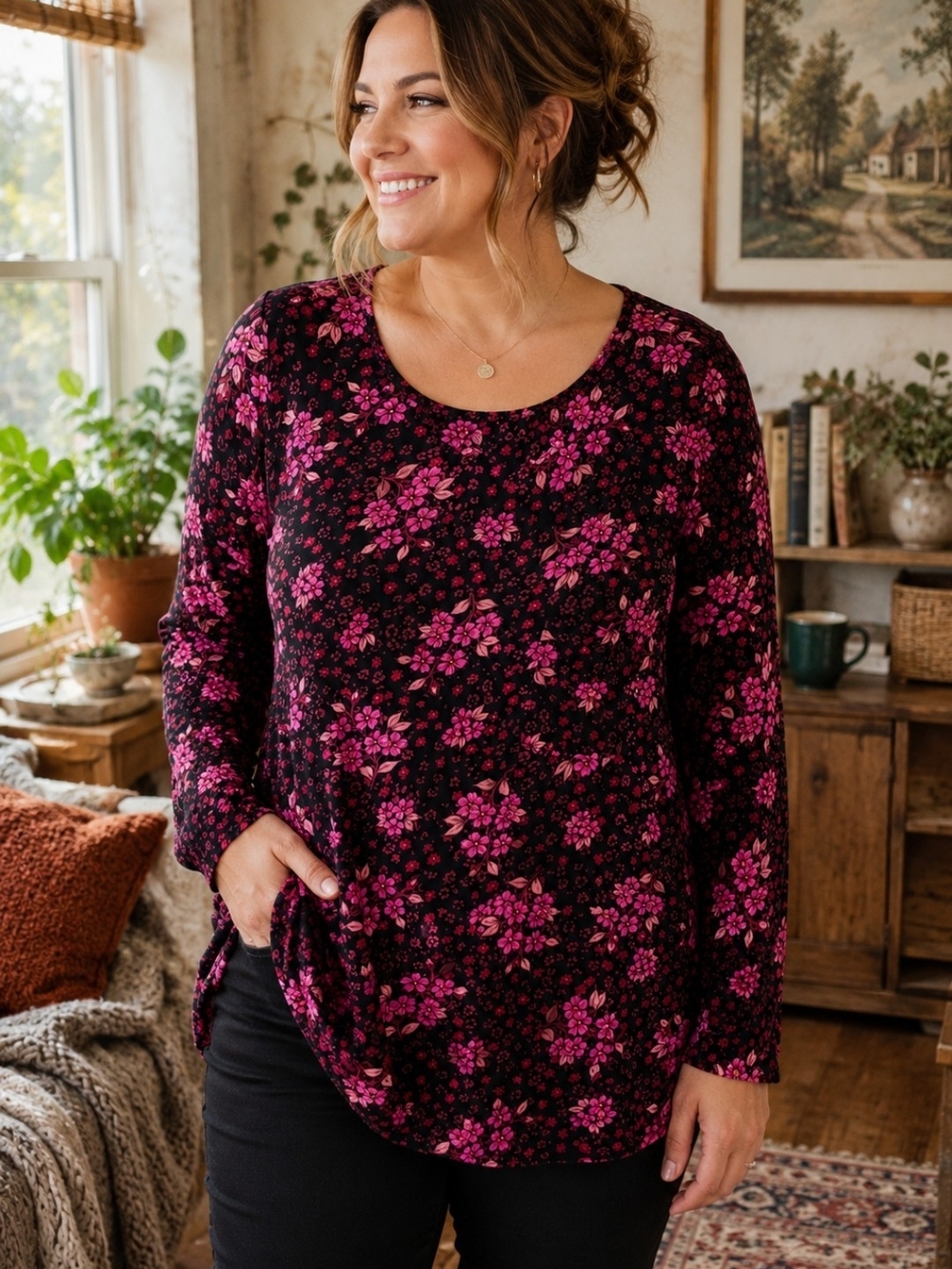 Kensie 1X Black Pink Floral Long Sleeve Scoop Neck Top